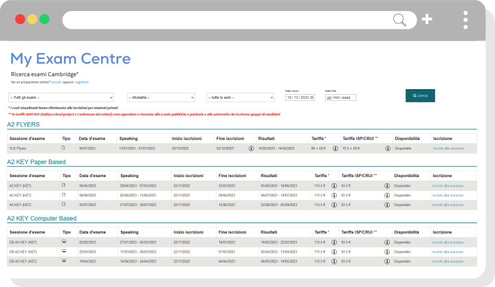 pannello iscrizioni esami cambridge